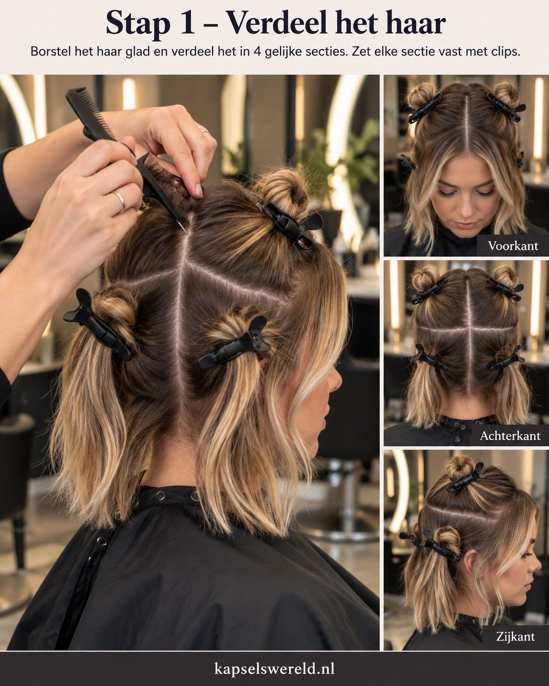 Balayage kapsel voorbereiding met haar verdeeld in vier gelijke secties met clips