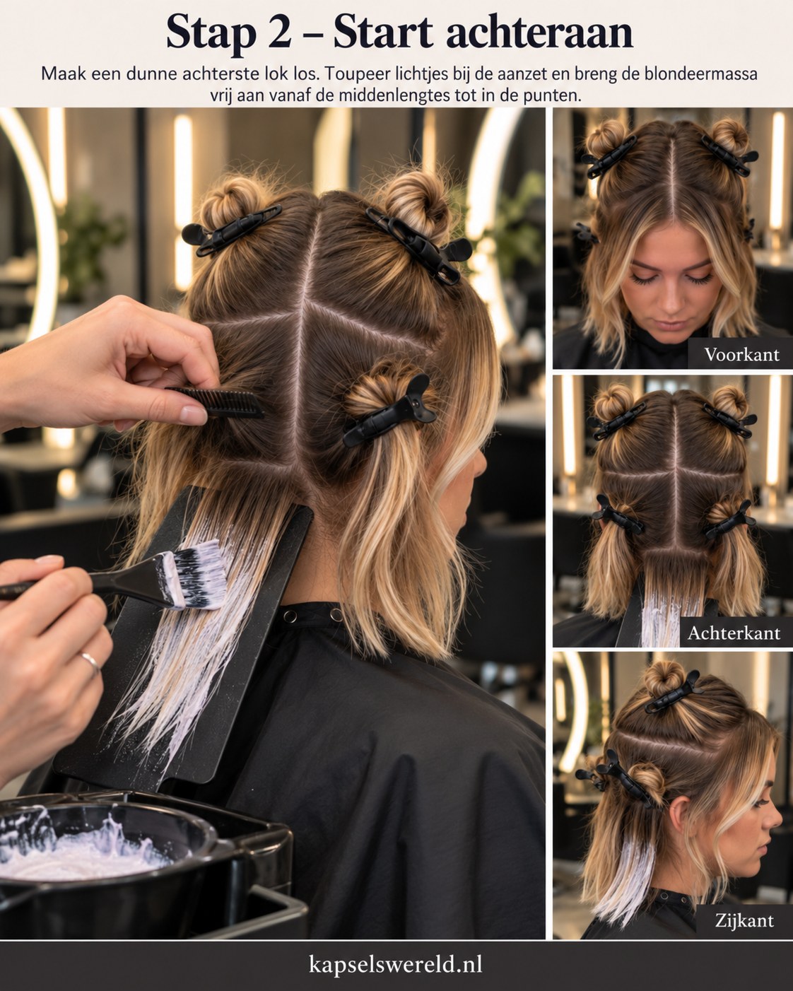 Balayage kapsel waarbij achterste lokken met blondeermassa worden aangebracht