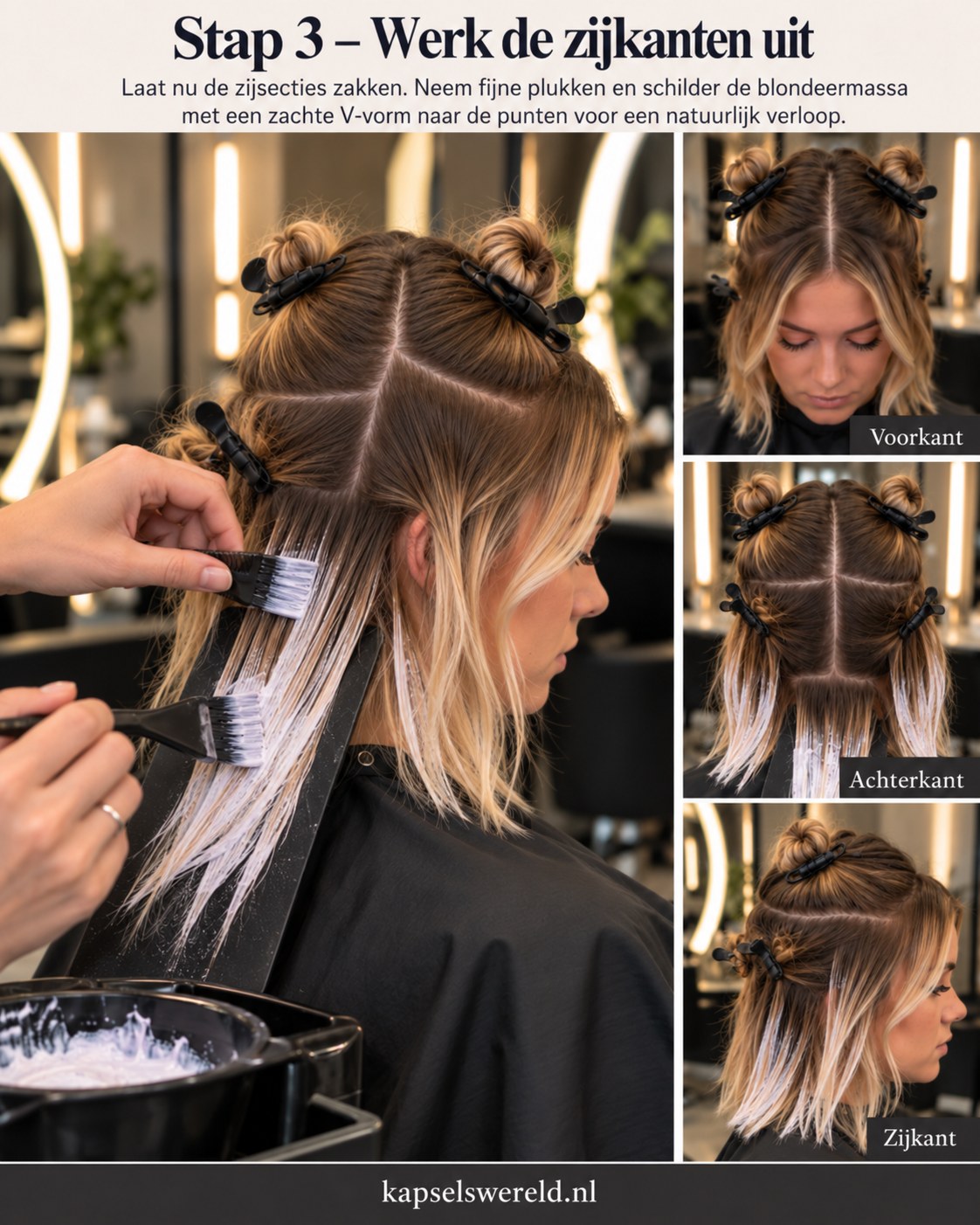 Balayage kapsel techniek met zachte V-vormige blonde lokken aan de zijkant