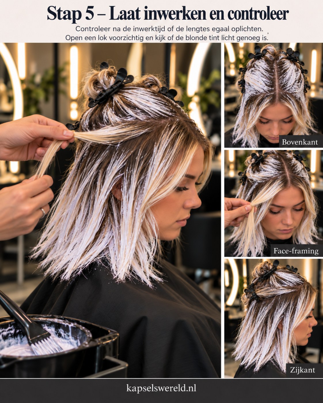 Balayage kapsel tijdens controle van blondeermassa en opgelichte lengtes