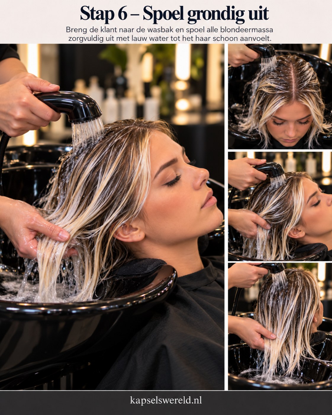 Balayage kapsel waarbij blondeermassa zorgvuldig wordt uitgespoeld bij de wasbak