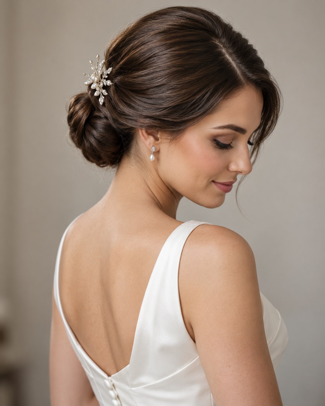 Klassieke chignon met glanzend haar en subtiel haarsieraad