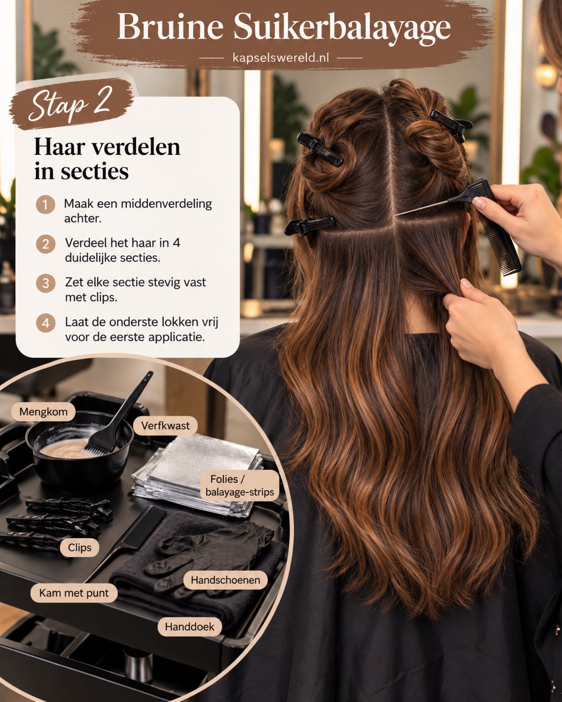 Lang bruin haar in vier secties verdelen met clips voor een gelijkmatige bruine suikerbalayage.