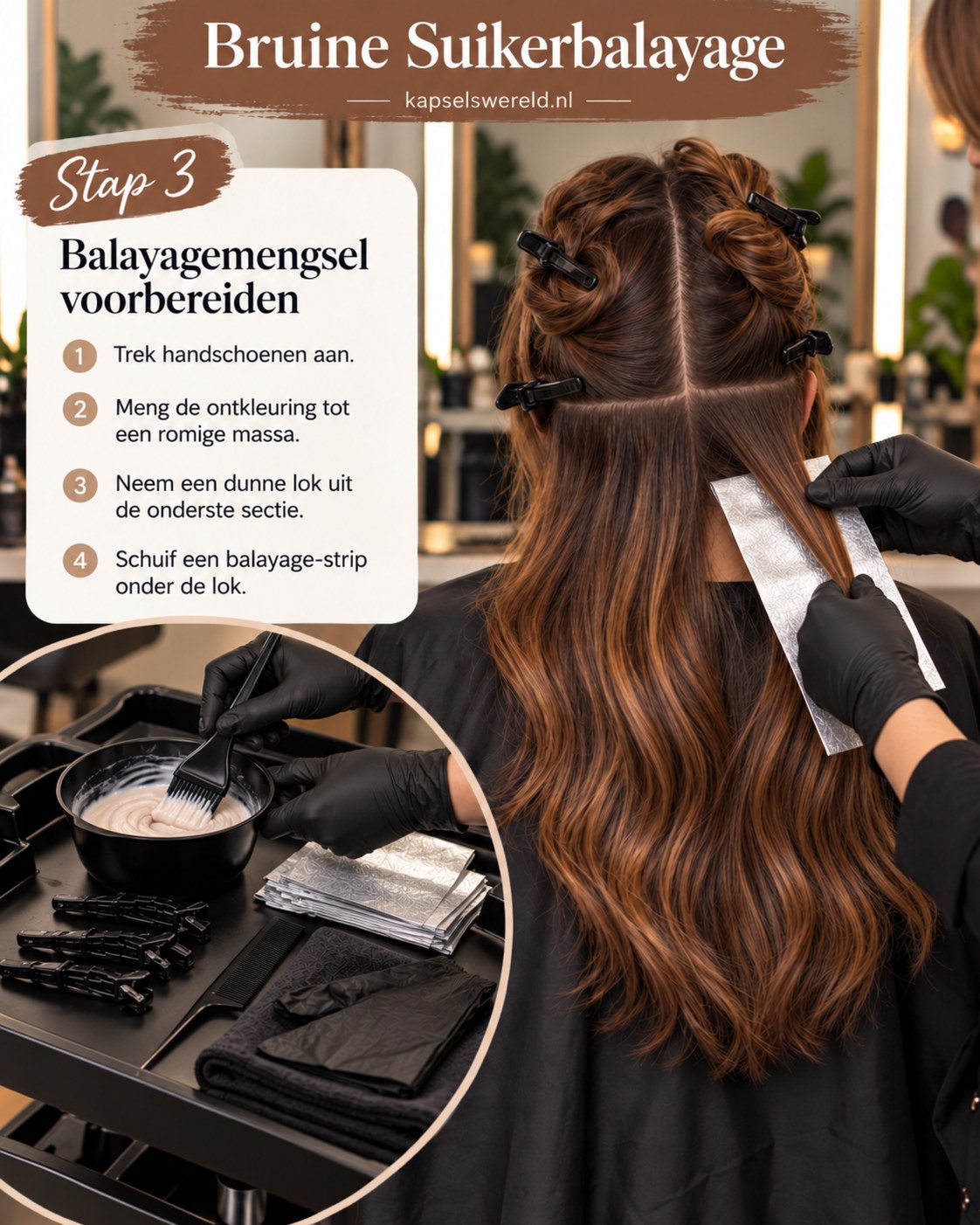 Kapper mengt ontkleuring met een kwast en plaatst een zilveren balayagestrip onder een bruine haarlok.
