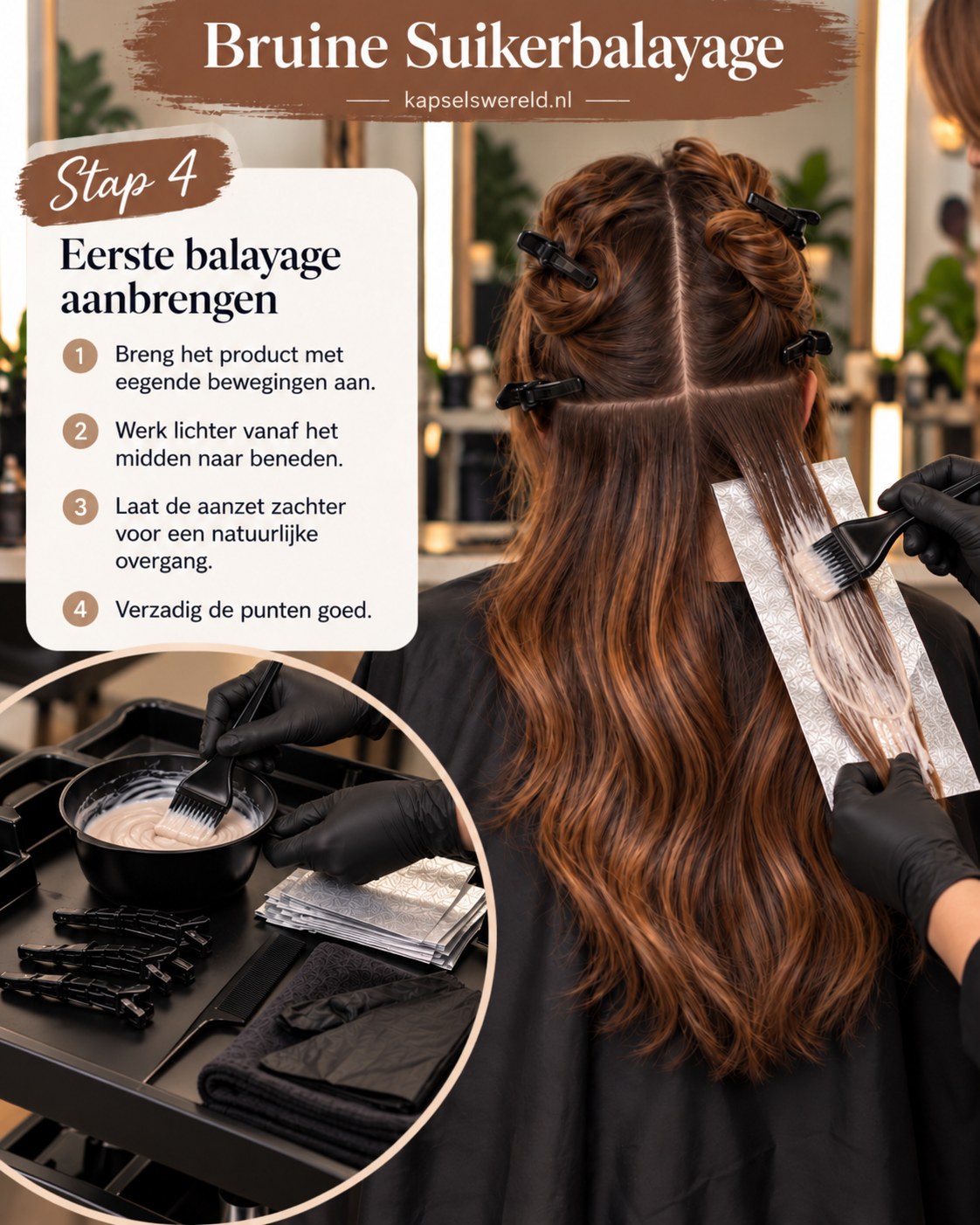 Warme bruine suikerbalayage aanbrengen met een kwast op een dunne haarlok boven een zilveren strip.
