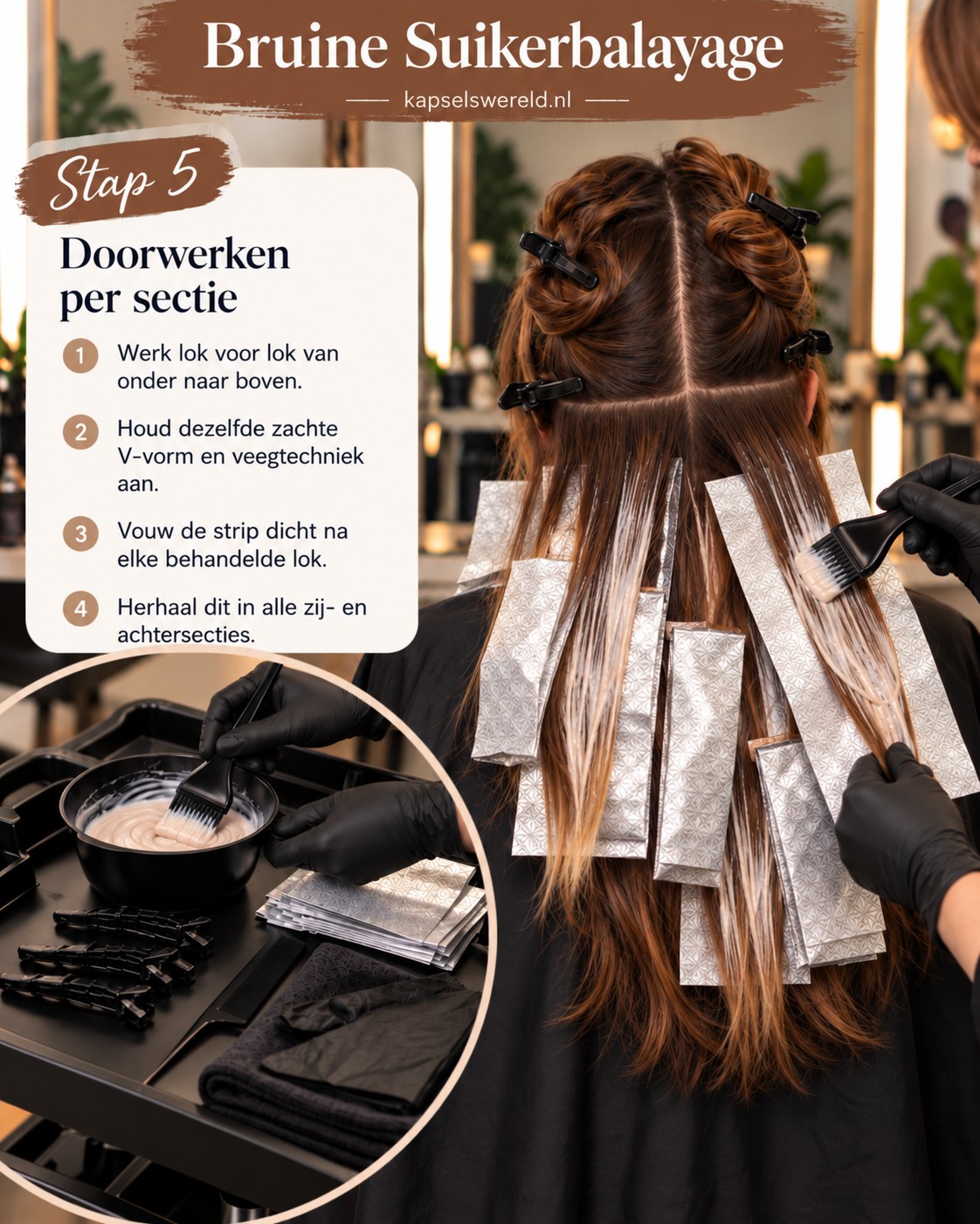 Meerdere folies met opgelichte lokken tijdens het aanbrengen van een bruine suikerbalayage op lang haar.