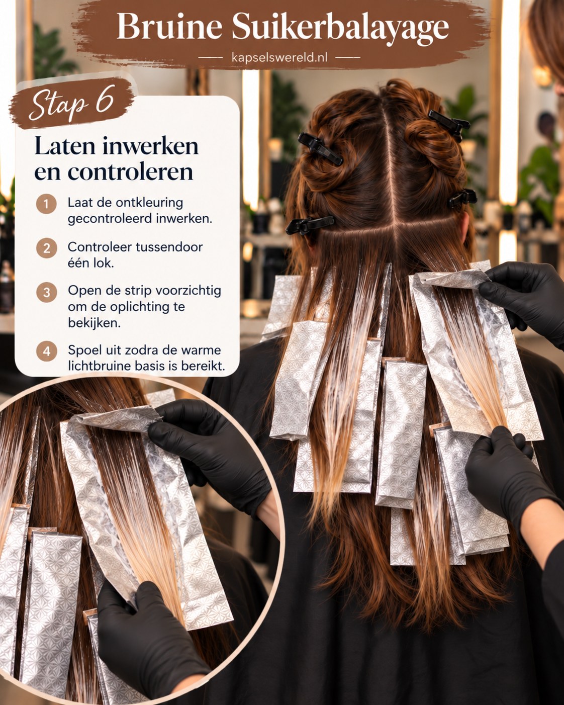 Kapper controleert de oplichting van bruine lokken voorzichtig tussen zilveren balayagefolies.