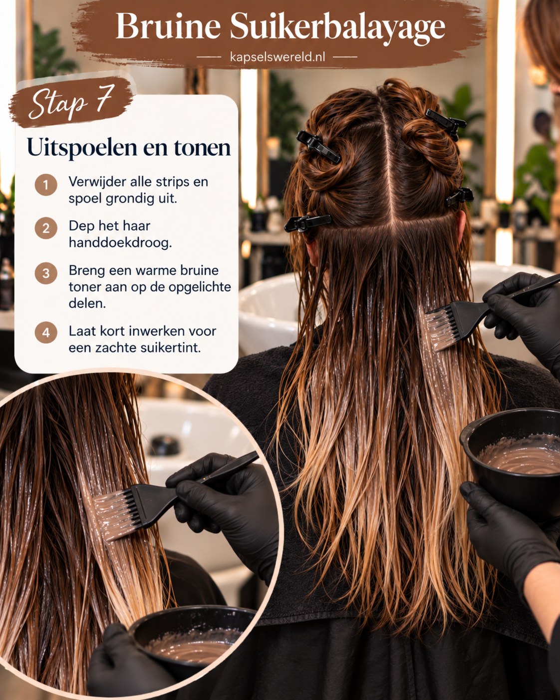 Warme bruine toner met een kwast aanbrengen op natte, opgelichte lokken voor een suikerbalayage.
