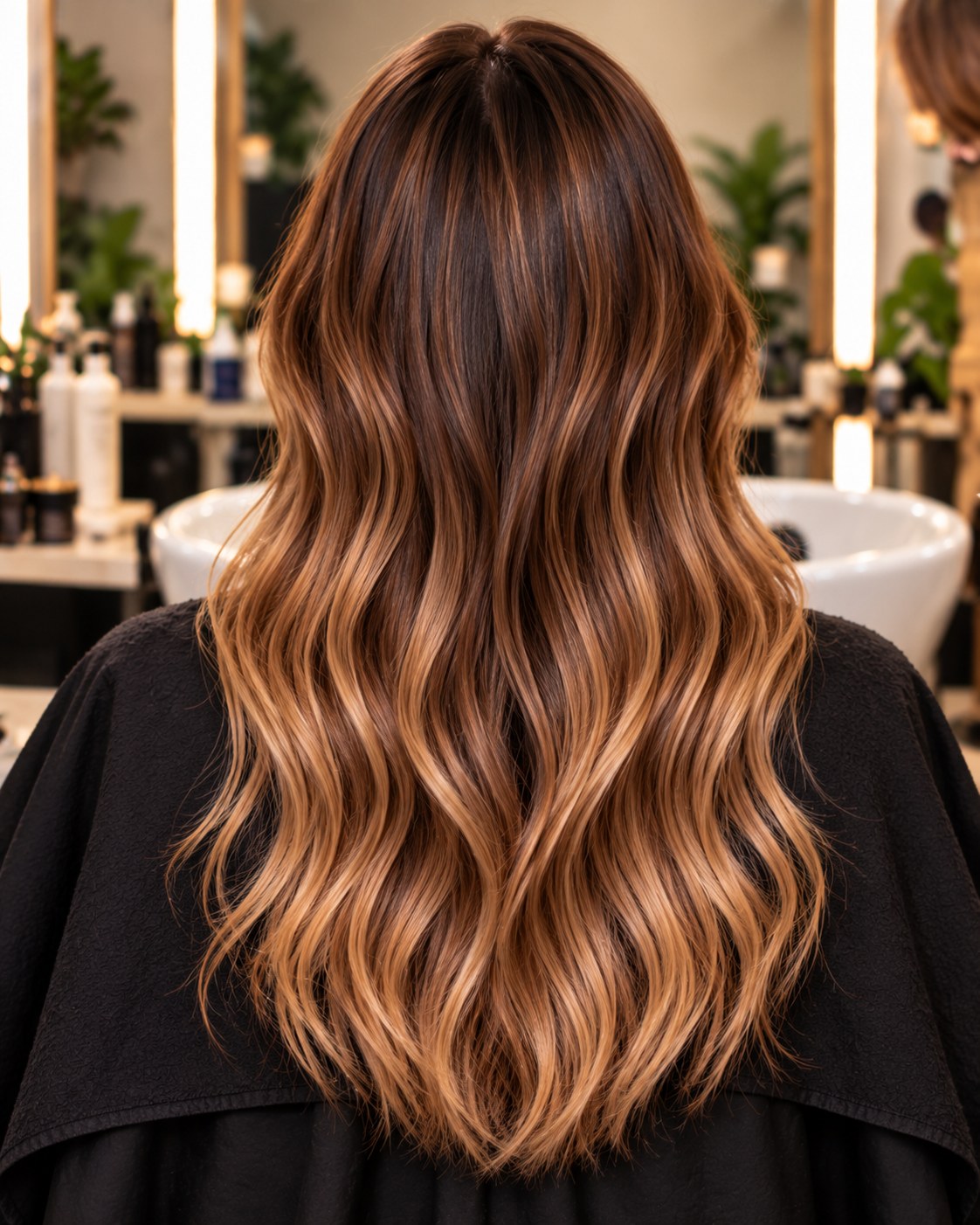 Eindresultaat van bruine suikerbalayage met glanzend lang bruin haar en warme karamelkleurige accenten.
