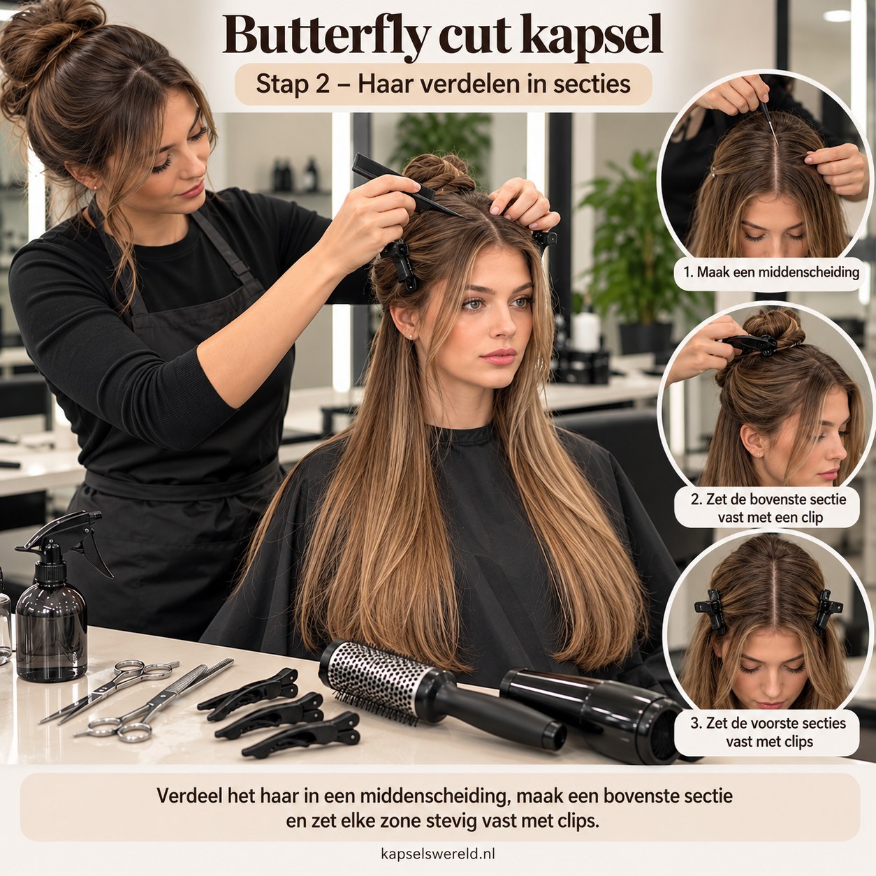 Butterfly cut kapsel verdelen in middenscheiding en vaste secties met clips