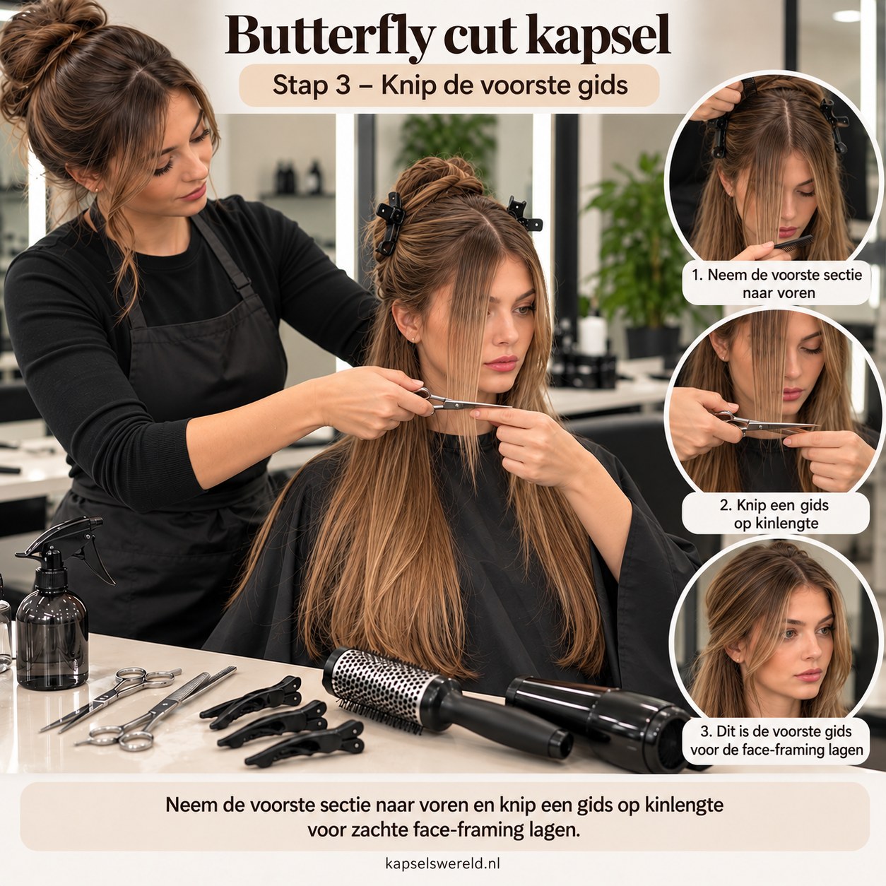Butterfly cut kapsel met voorste gids op kinlengte voor zachte gezichtslagen