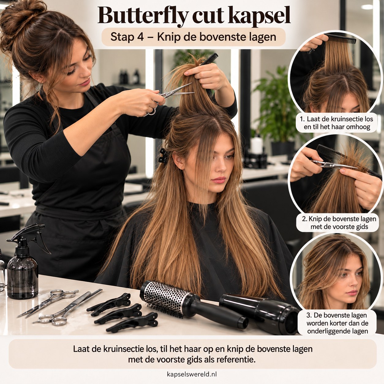 Butterfly cut kapsel waarbij de bovenste lagen met een voorste gids worden geknipt