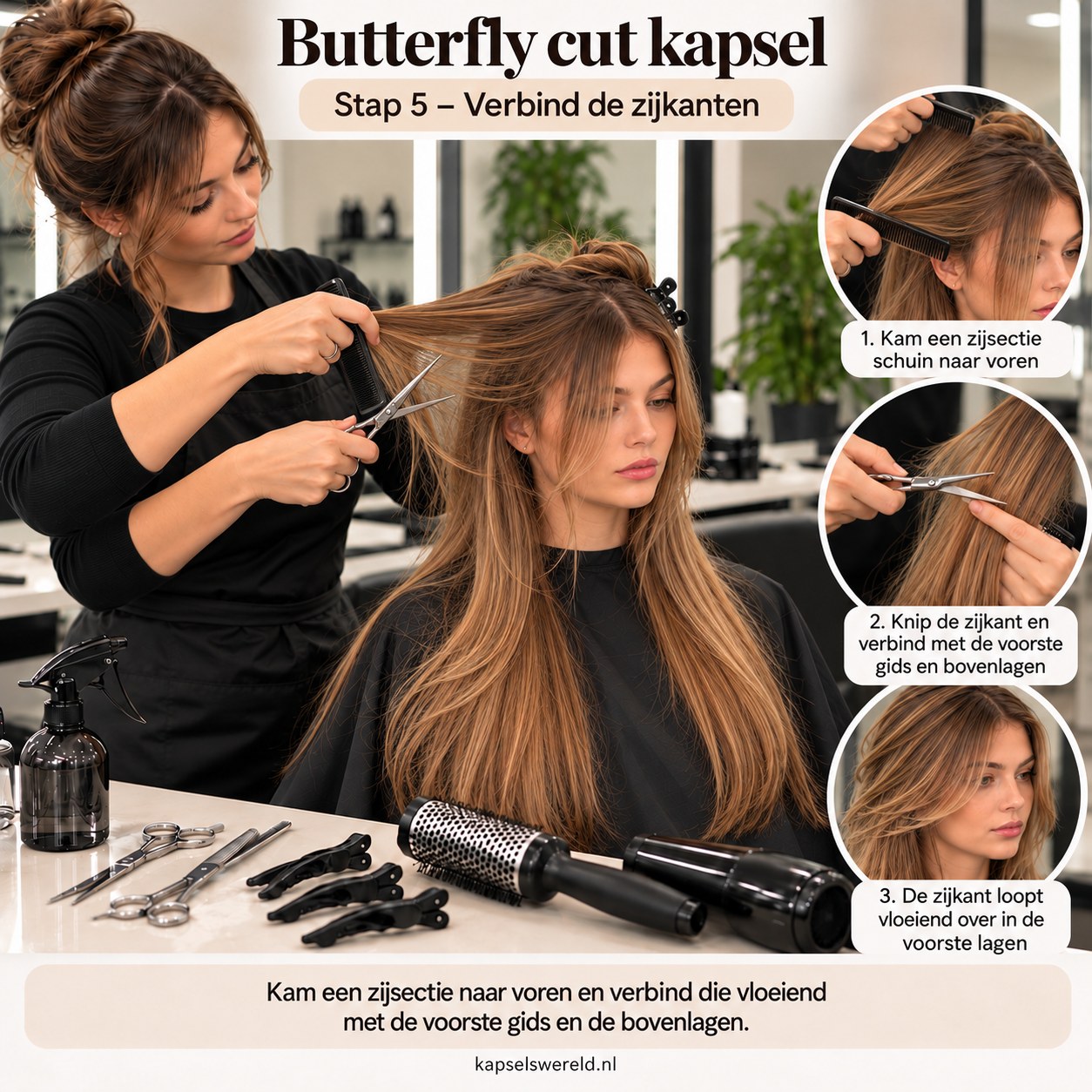 Butterfly cut kapsel waarbij de zijkanten vloeiend met de bovenlagen worden verbonden