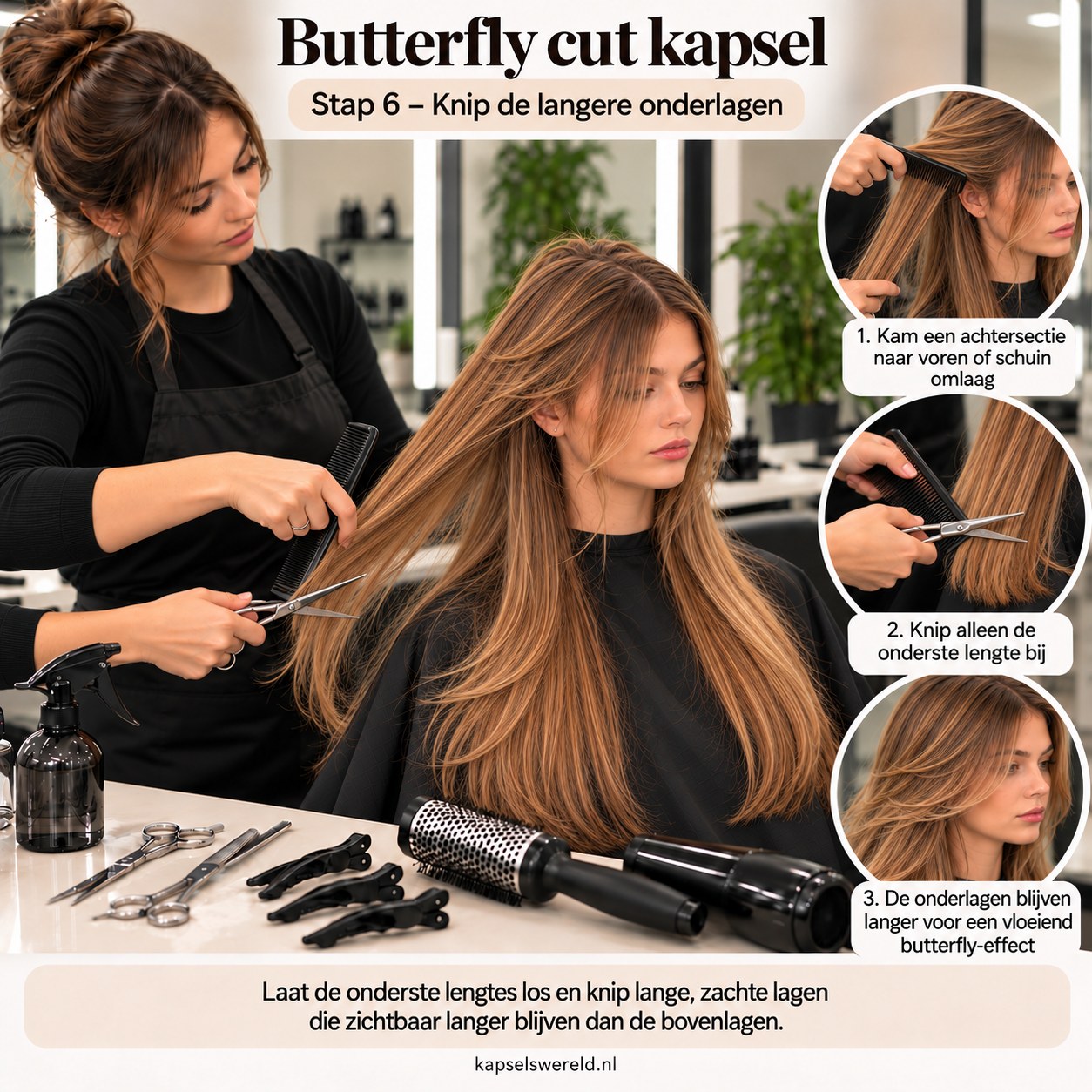 Butterfly cut kapsel met lange onderlagen die zichtbaar langer blijven dan de bovenlagen