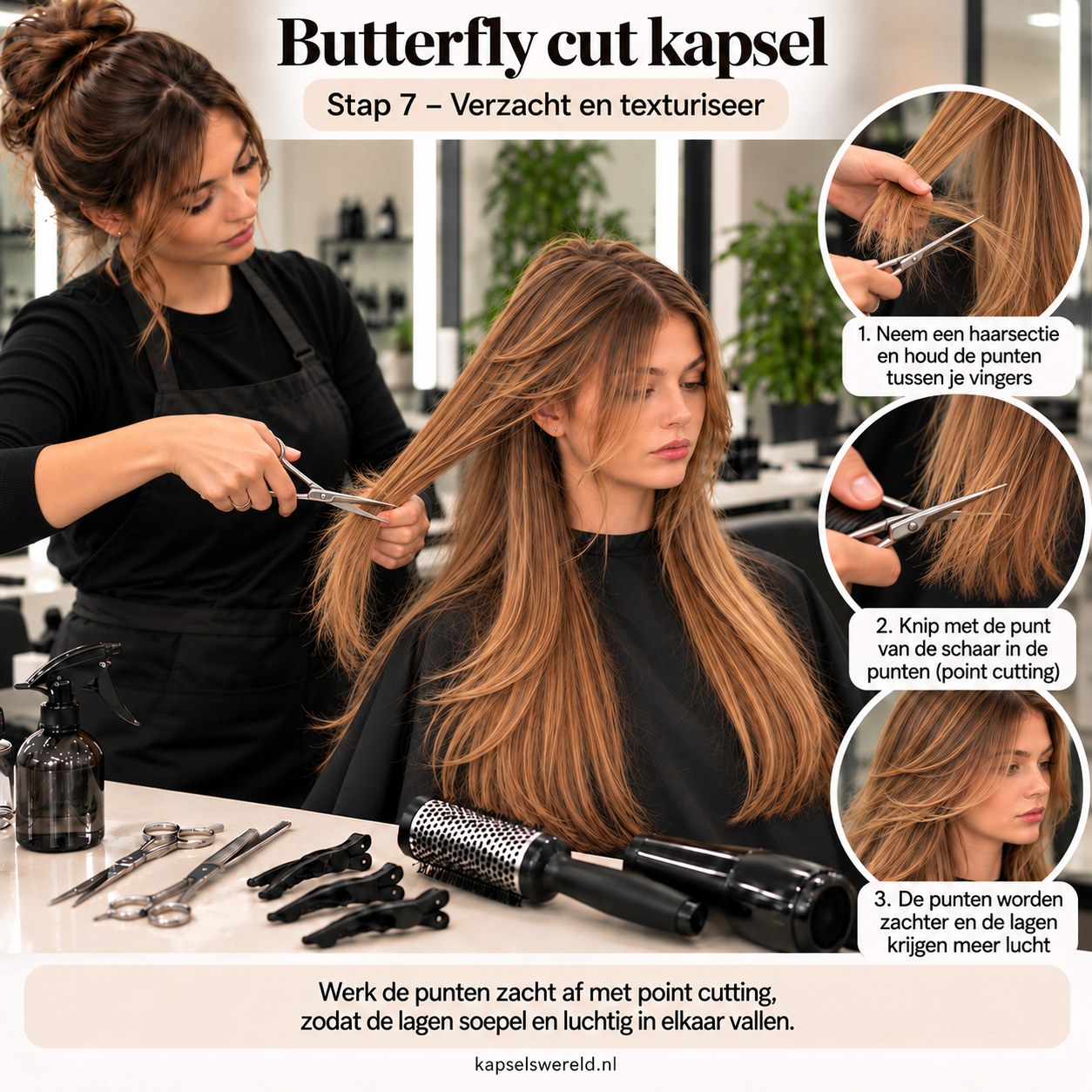 Butterfly cut kapsel afwerken met point cutting voor zachte en luchtige punten