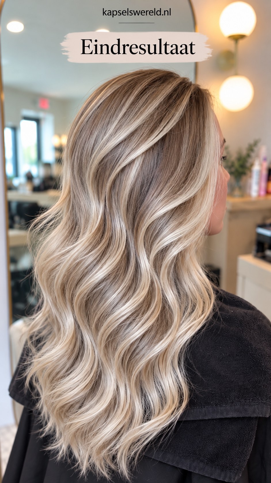 Eindresultaat met natuurlijk vallende cool blonde balayage golven