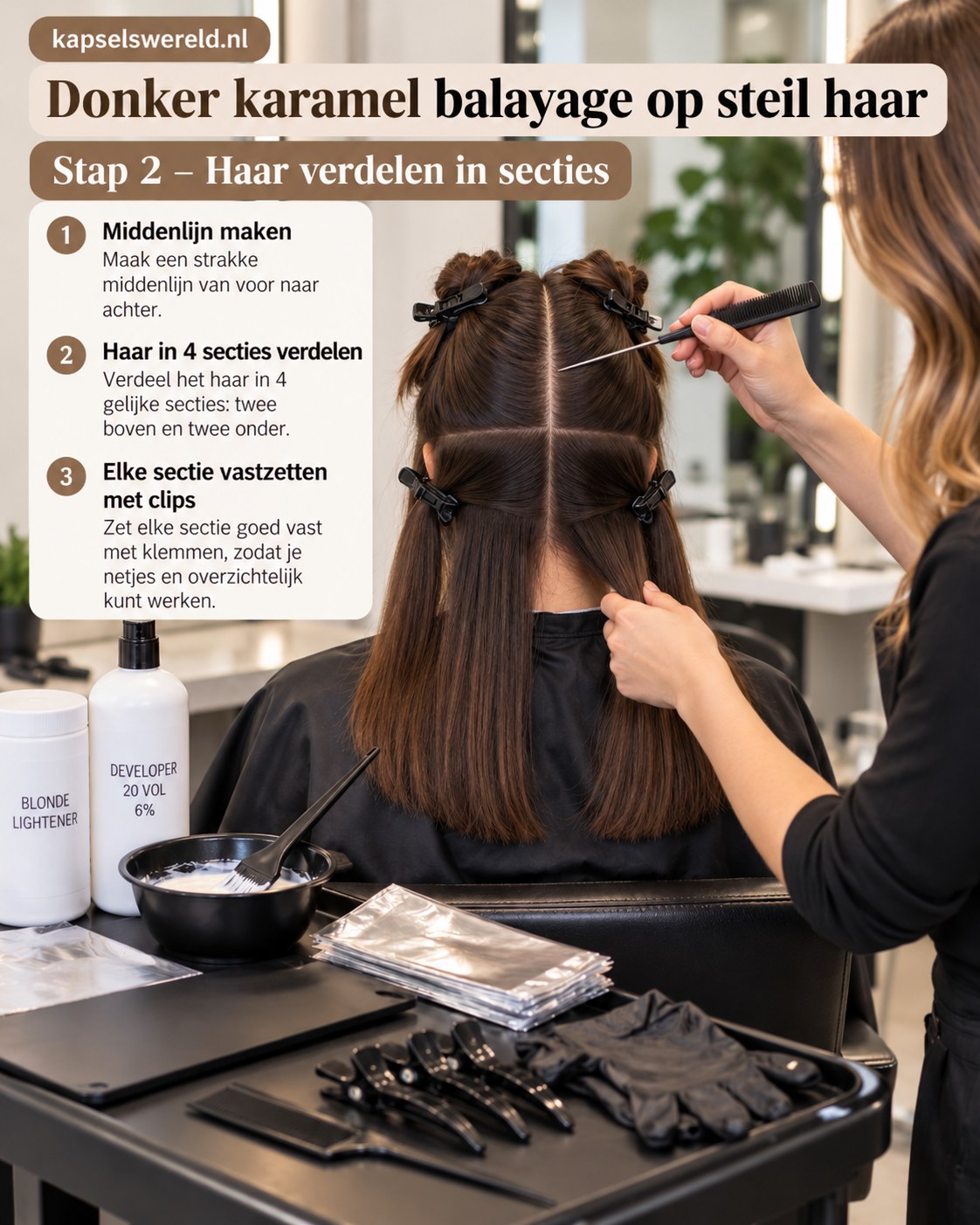Steil donker haar verdeeld in vier secties met clips voor donker karamel balayage.