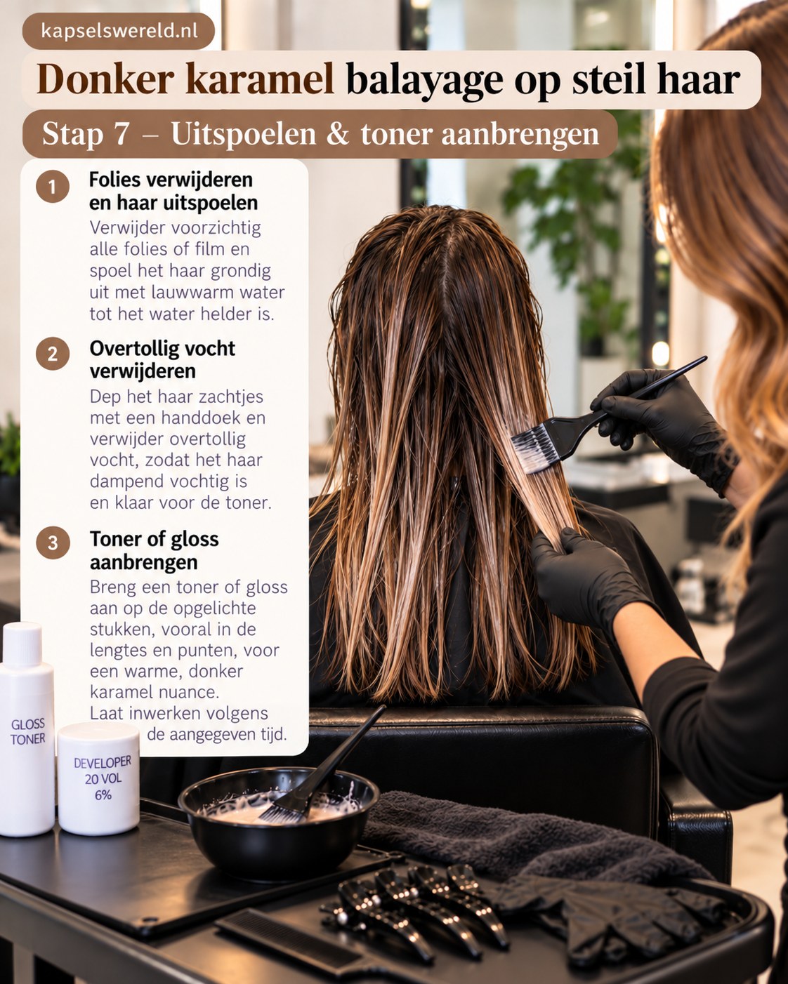 Nat steil haar met opgelichte lokken wordt voorbereid op een warme karameltoner of gloss.