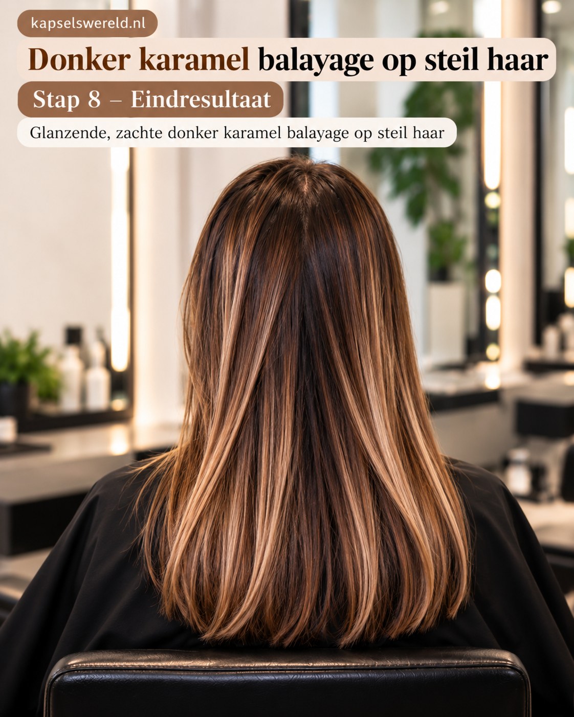Eindresultaat van donker karamel balayage op steil haar met glanzende bruine lengtes en warme highlights.