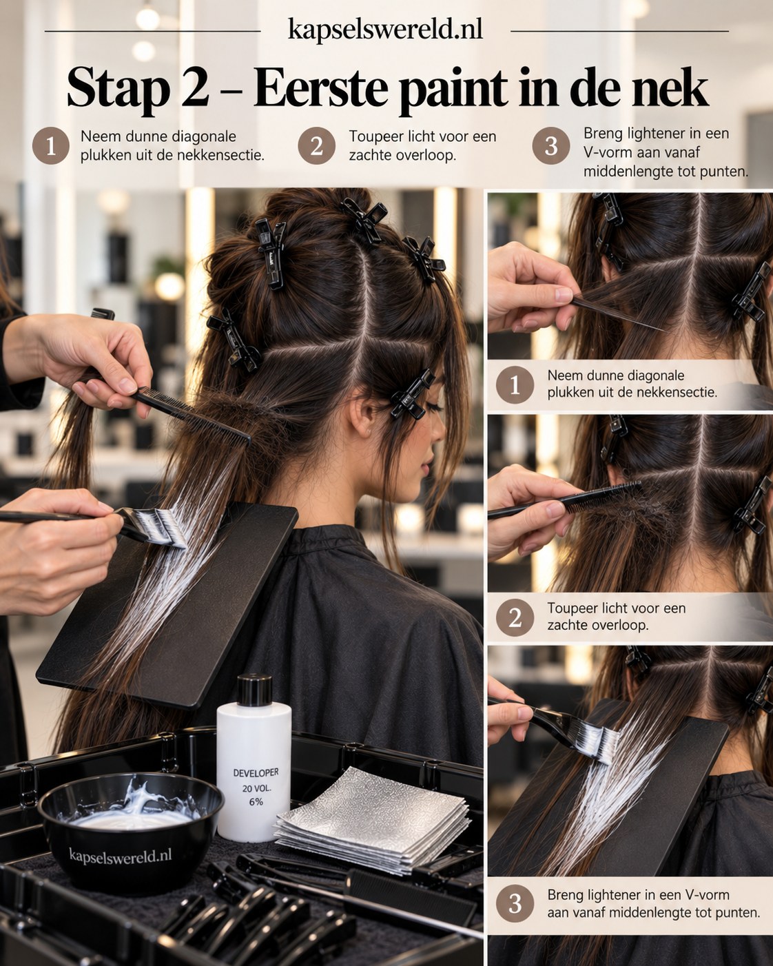Fijne diagonale plukken in de nek krijgen highlights voor een espresso martini balayage brunette.
