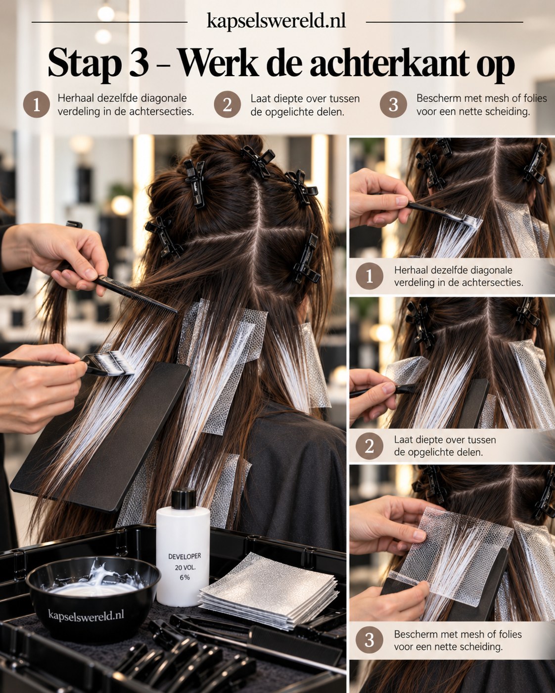 Achterste haarsecties worden met balayagekwast en meshfolies opgelicht voor een diepe brunettekleur.