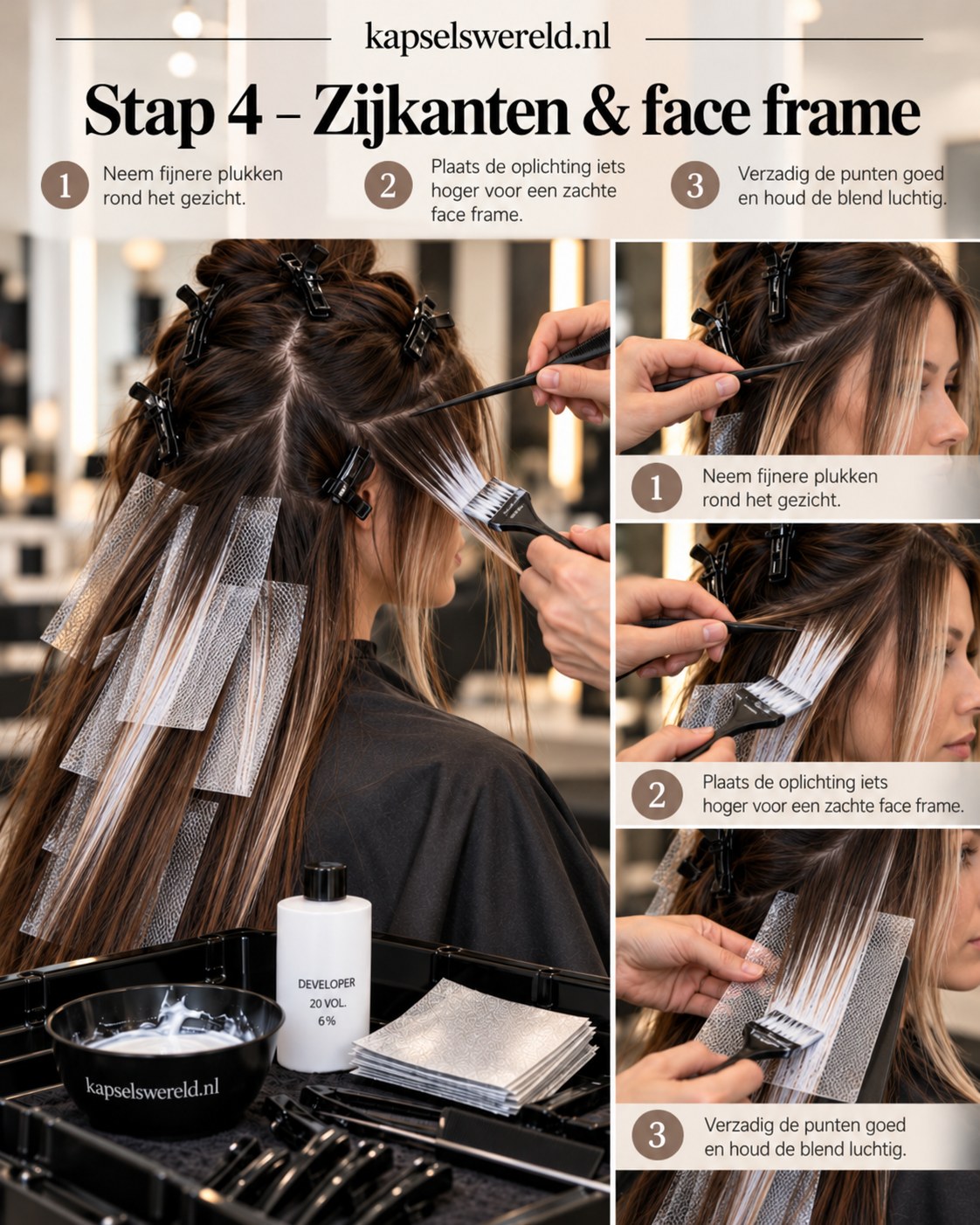 Fijne highlights rond het gezicht creëren een zachte face frame bij espresso martini balayage brunette.