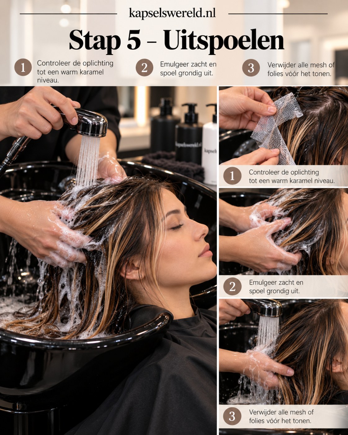 Haar met karamelkleurige highlights wordt bij de wasbak uitgespoeld na het balayageproces.