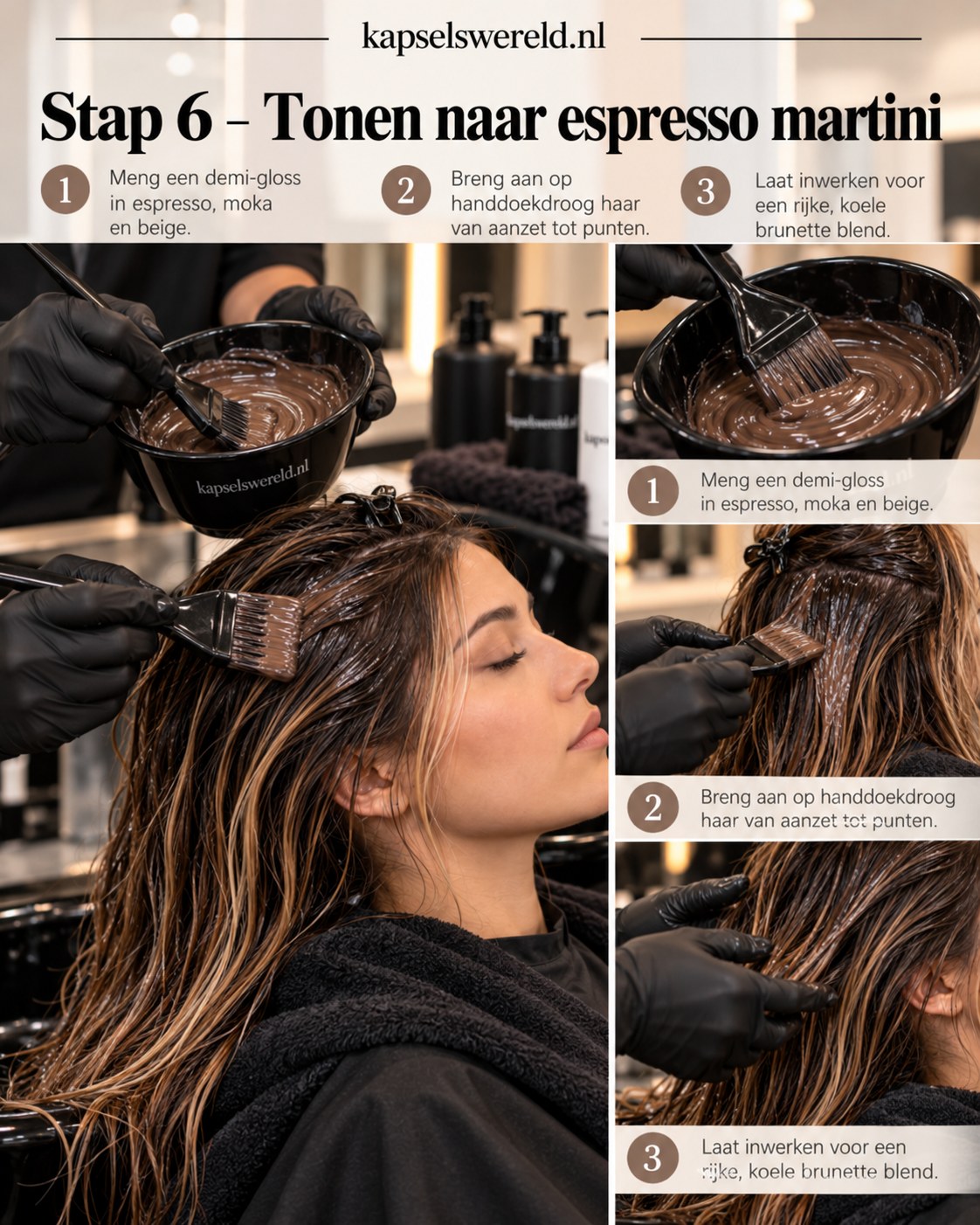 Bruine demi-gloss met espresso-, moka- en beigenuances wordt aangebracht op het haar.