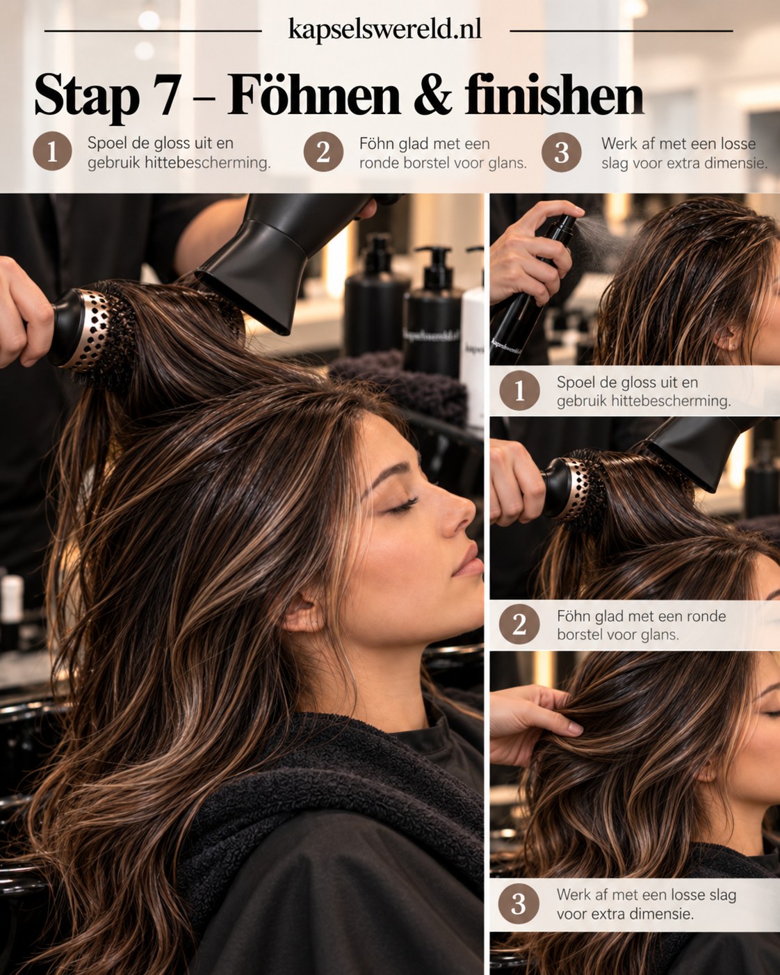 Brunette balayage wordt met een föhn en ronde borstel gestyled voor glans en losse beweging.
