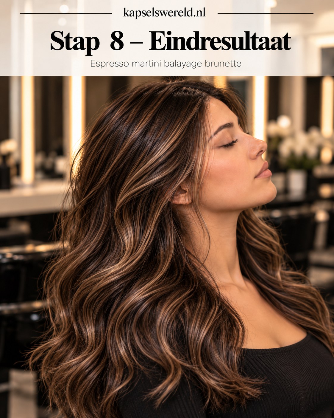 Eindresultaat van espresso martini balayage brunette met glanzende golven en fijne karamelaccenten.