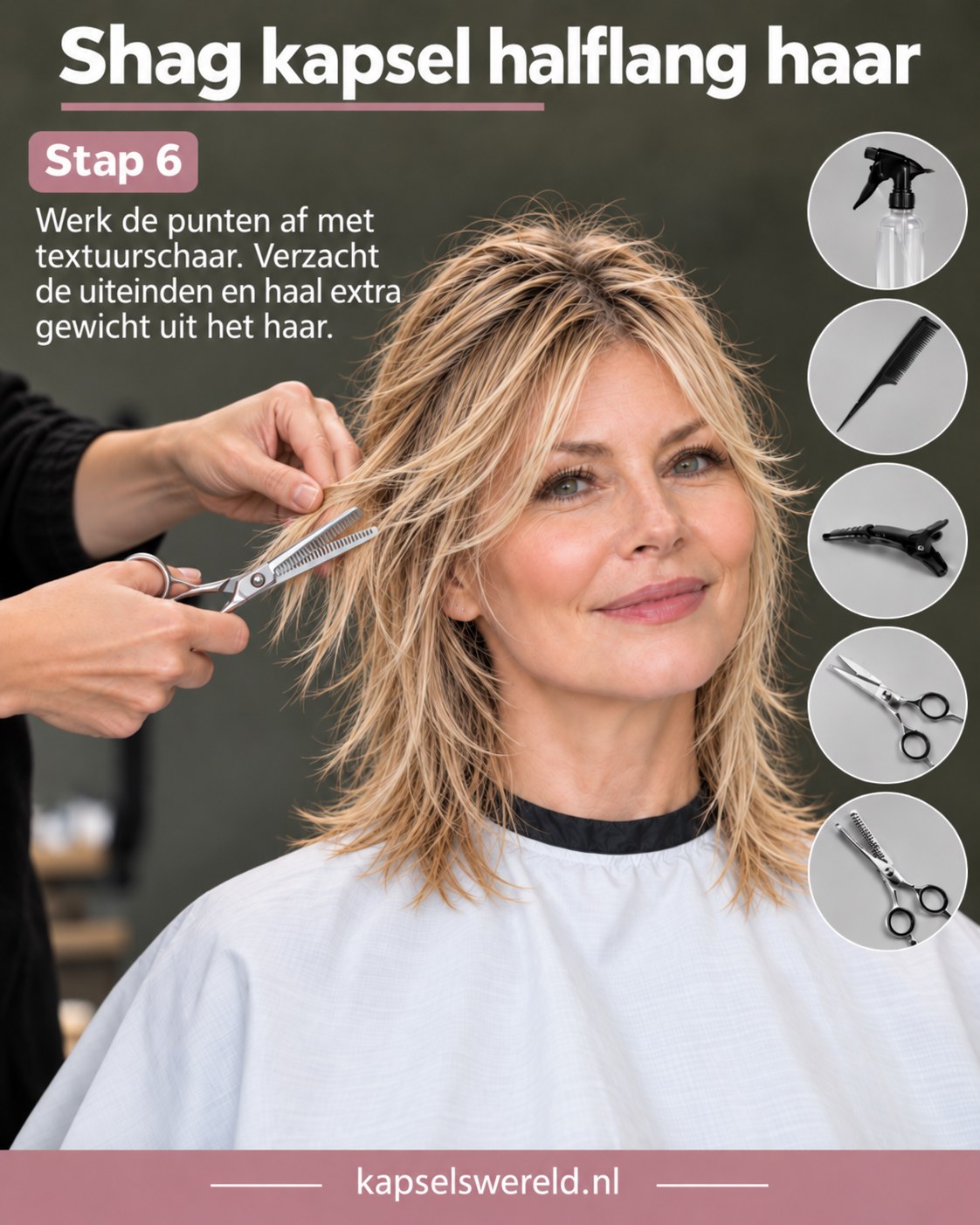 Shag kapsel halflang haar wordt afgewerkt met een textuurschaar voor lichte punten
