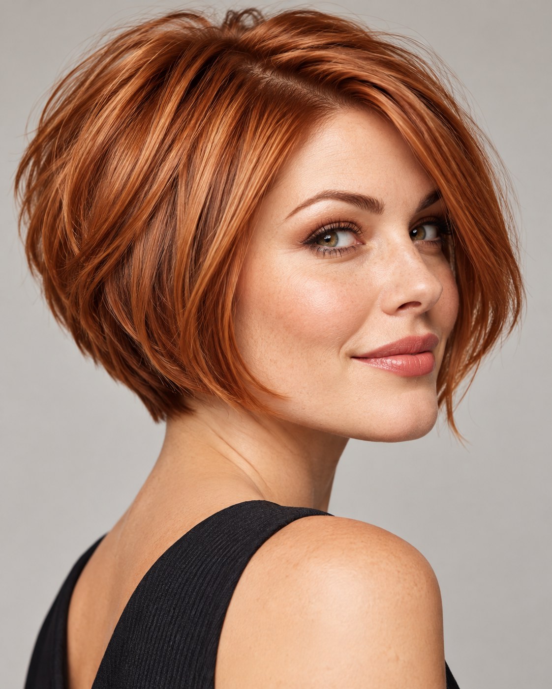 Stacked bob kapsel met natuurlijke highlights en zachte overgangen