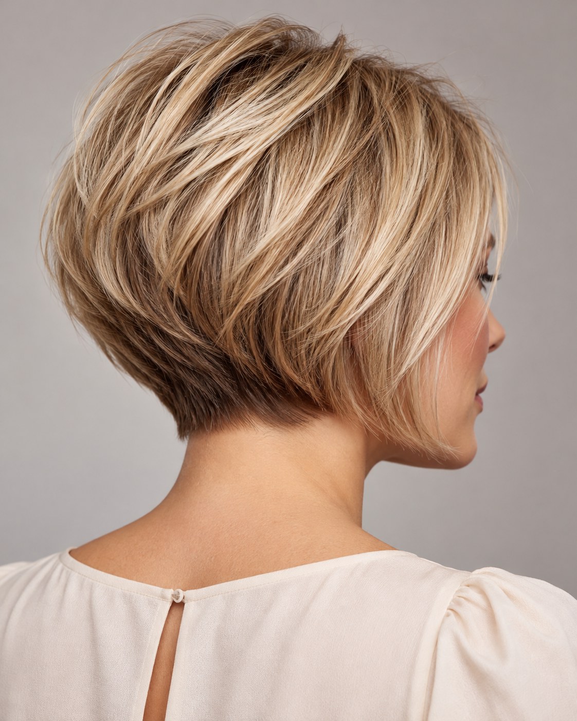Stacked bob kapsel met langere voorkant en elegante blonde lokken