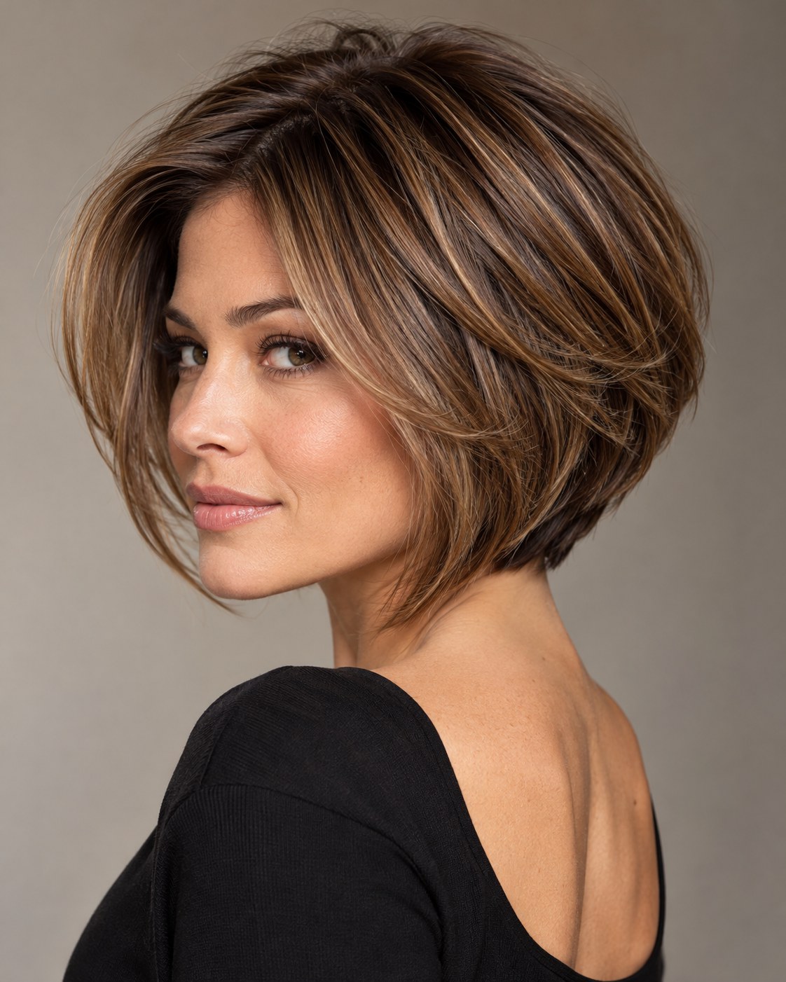 Stacked bob kapsel met zachte lagen en luchtige moderne styling