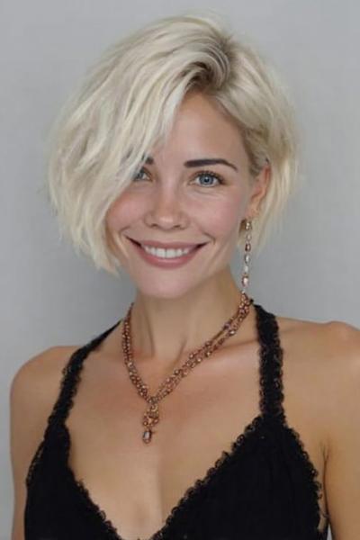 Een vrouw met kort, lichtblond haar in een golvende boblijn met een zijscheiding.