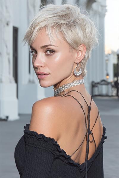 Een vrouw met een trendy, kort blond kapsel met warrige, gelaagde lokken kijkt over haar schouder.