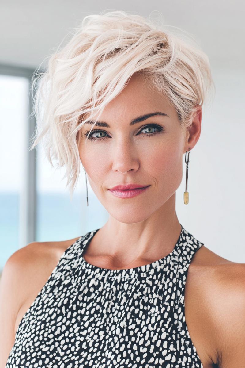 Een vrouw met een kort, asymmetrisch kapsel met golvend, lichtblond haar.