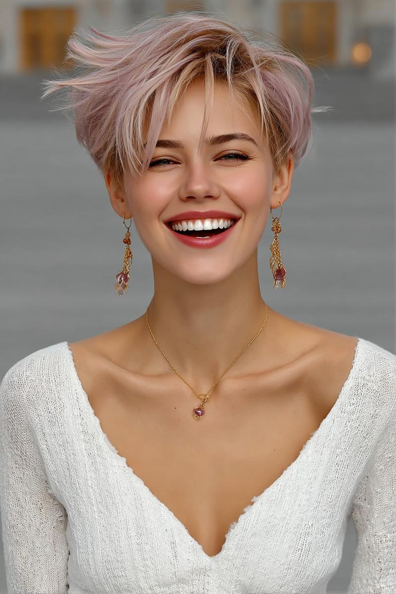 Een jonge vrouw met een kort, rommelig kapsel en lichtroze highlights lacht breed terwijl ze elegante gouden sieraden draagt.