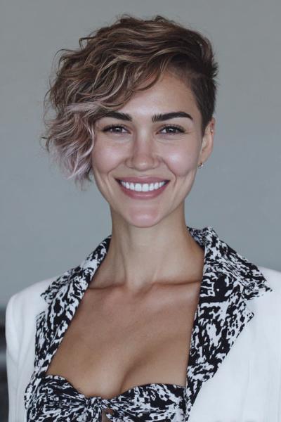 Een vrouw met een vlot, kort kapsel waarbij het haar aan één kant langer en golvend is en aan de andere kant kort geschoren.