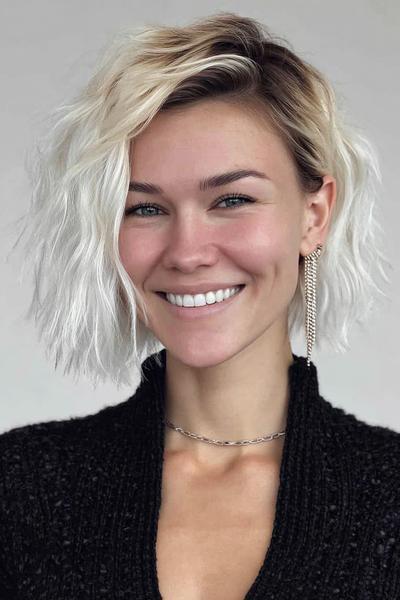 Een jonge vrouw met een kort, golvend blond kapsel met een zij scheiding en donkere uitgroei.