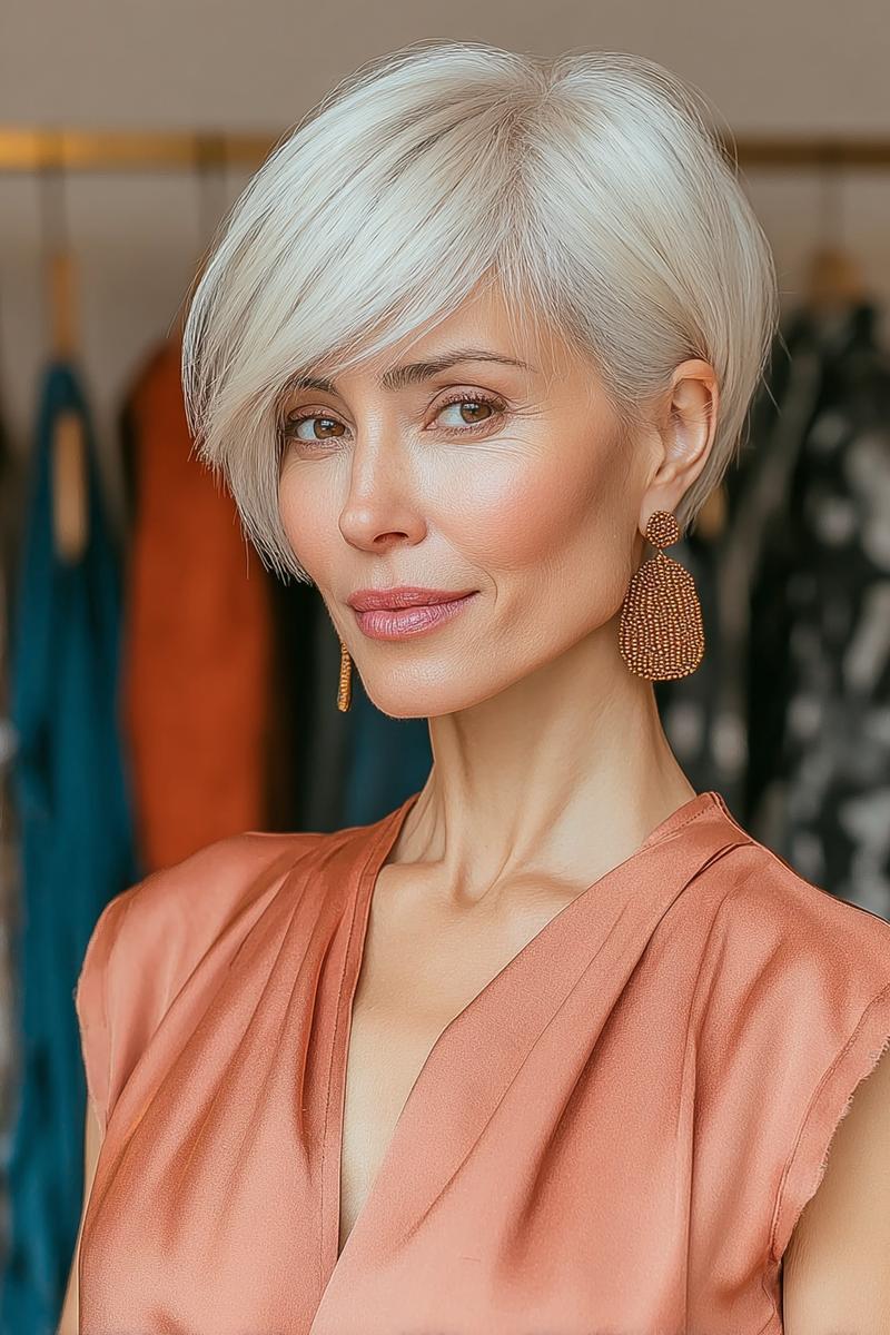Een vrouw met een kort kapsel, met steil, zilverblond haar en een diepe zijscheiding voor een moderne, elegante uitstraling.