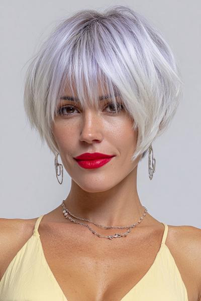 Een vrouw met een vlot, kort kapsel en recht geknipte pony, met zilver-witte haar kleur.