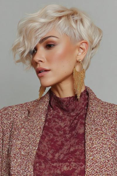 Een vrouw met een vlot kort kapsel met golvend, blond haar en een zijscheiding.