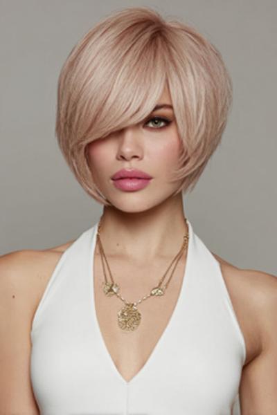 Een vrouw met een stijlvol, blond kort kapsel met volume en schuine pony, perfect gestyled voor een moderne uitstraling.