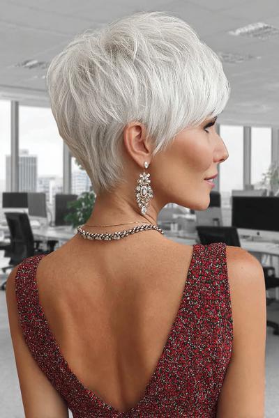 Een vrouw met kort, stijlvol zilvergrijs haar in een pixie kapsel met langere lokken bovenop en een nette afwerking in de nek.