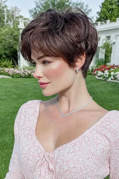 Een vrouw met kort, golvend bruin haar in een volumineus pixiekapsel, gestyled met zachte lagen.