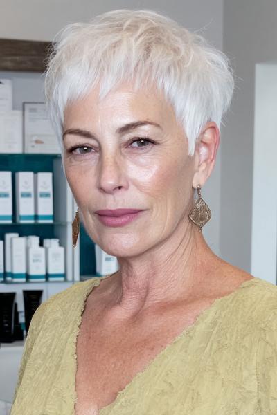 Een vrouw met kort, stijl, wit haar en een speelse pony, geschikt voor dames van 60 plus.