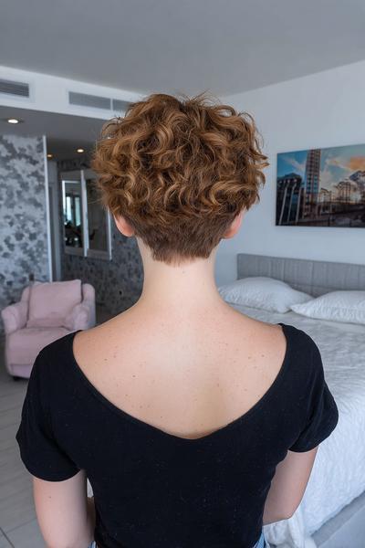Een persoon met kort, krullend haar dat in een nette en volumineuze stijl is geknipt, gezien van achteren.