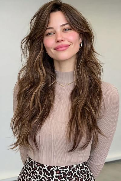 Een vrouw met lang, golvend bruin haar en lichte lagen, gestyled in een natuurlijke, volumineuze look.