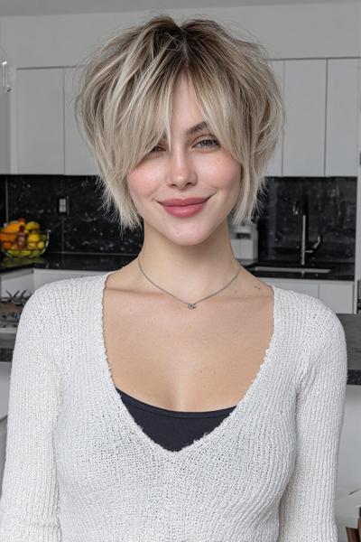 Een vrouw met een kort, gelaagd kapsel met blonde highlights en een speelse, warrige pony.